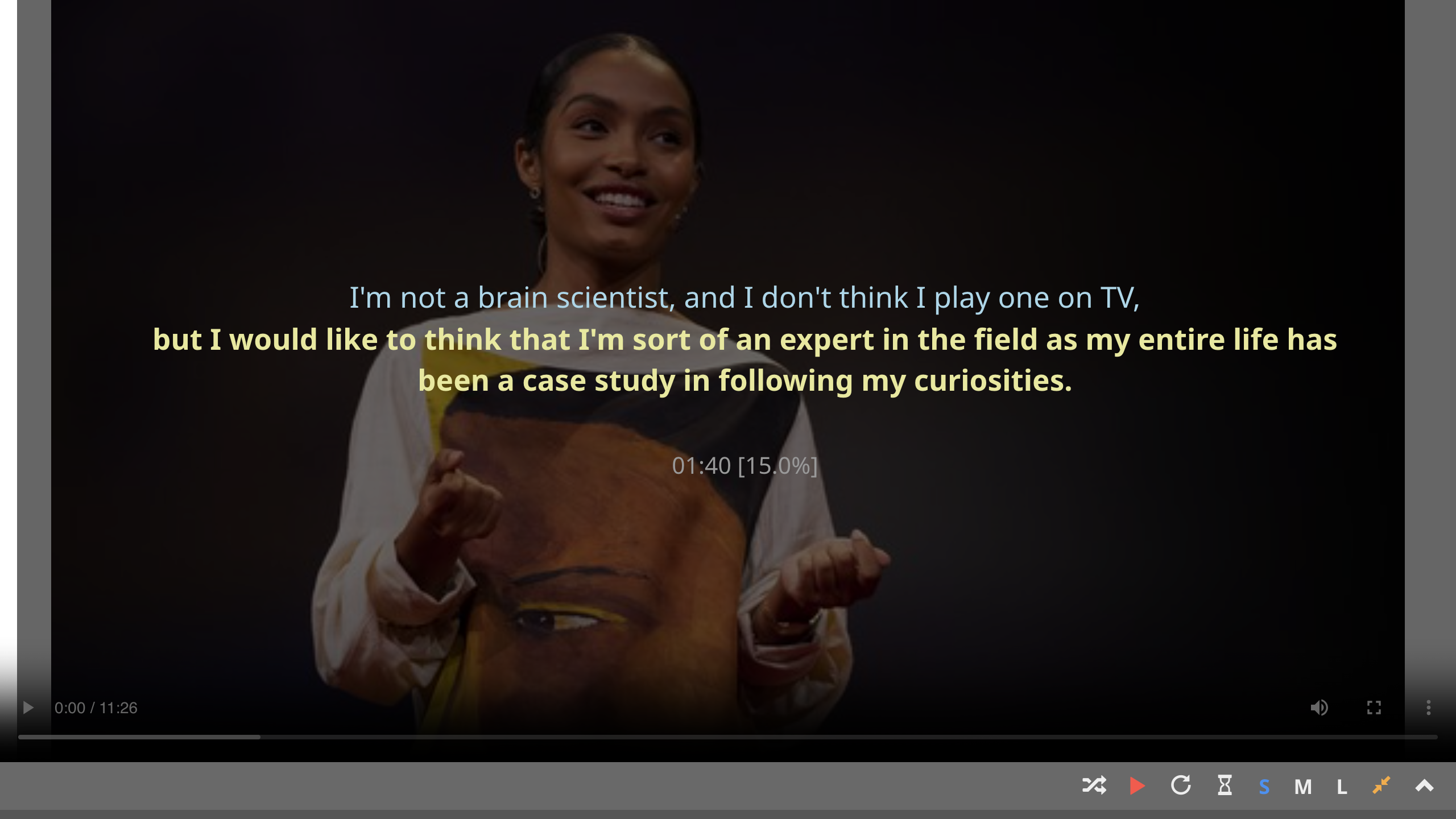 Fullscreen viewing mode with the current segment in yellow and the previous segment in cyan when paused