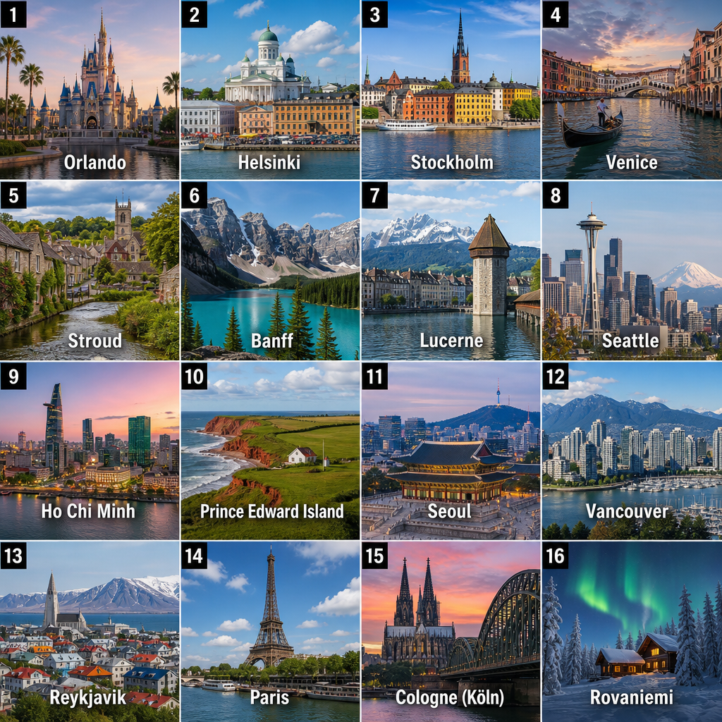 A grid image of sixteen foreign cities chosen by students, with numbered cells: Orlando, Helsinki, Stockholm, Venice, Stroud, Banff, Lucerne, Seattle, Ho Chi Minh, Prince Edward Island, Seoul, Vancouver, Reykjavik, Paris, Cologne (Köln), Rovaniemi